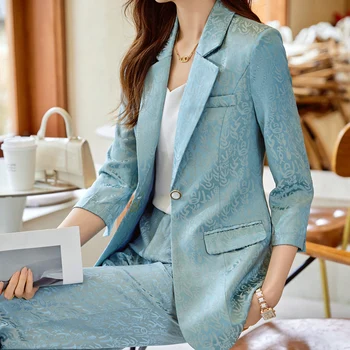 Высококачественный корейский весенний костюм, однобортный приталенный повседневный женский офисный блейзер с принтом, куртки, Широкие брюки, Женский комплект из 2 предметов