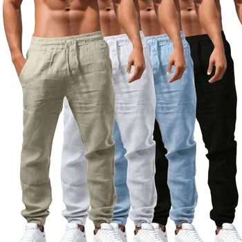 Мужские повседневные брюки с эластичной резинкой на талии, серые хлопчатобумажные льняные Брюки, цветные Свободные дышащие брюки, мужские гигроскопичные повседневные брюки