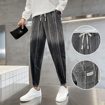 Новое поступление, весенние мужские джинсы в полоску на шнурке и с рисунком в корейском стиле, Модная мужская Повседневная уличная одежда, брюки-карандаш