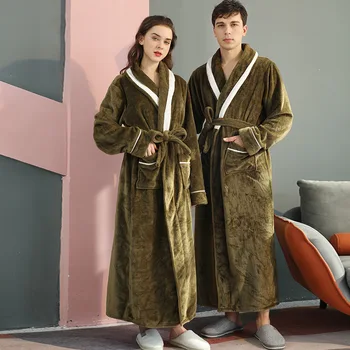 Теплый халат, зеленый фланелевый длинный банный халат, осенне-зимний халат для пары, пижамы